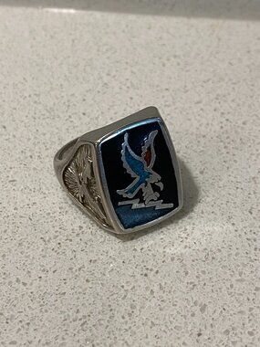VINTAGE Silver-color Biker Eagle & Lightning Bolt Inlay Ring